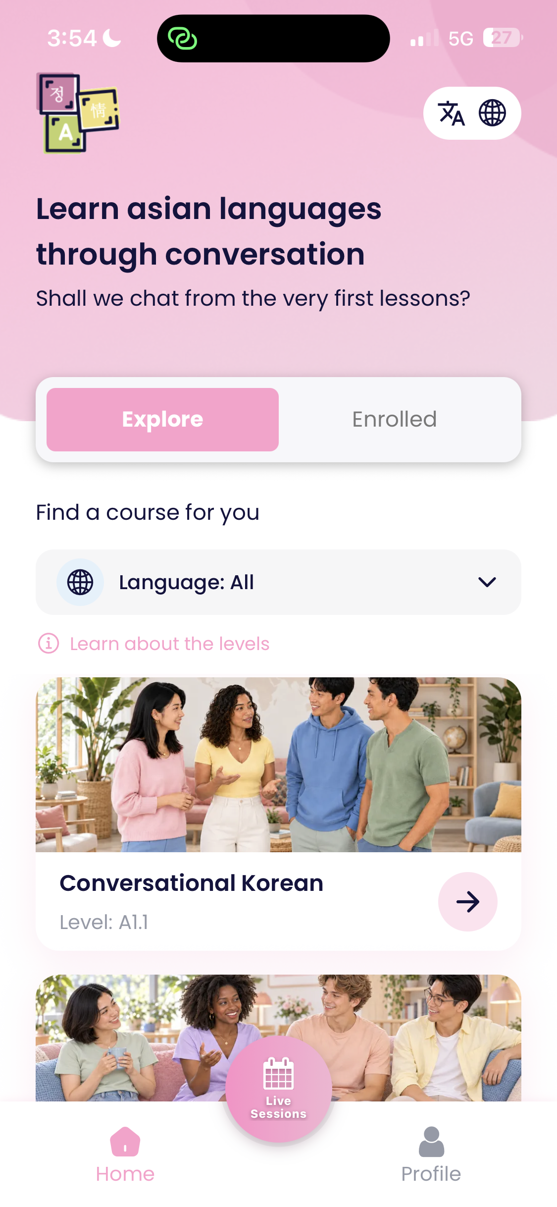 Easy Language app home screen in English