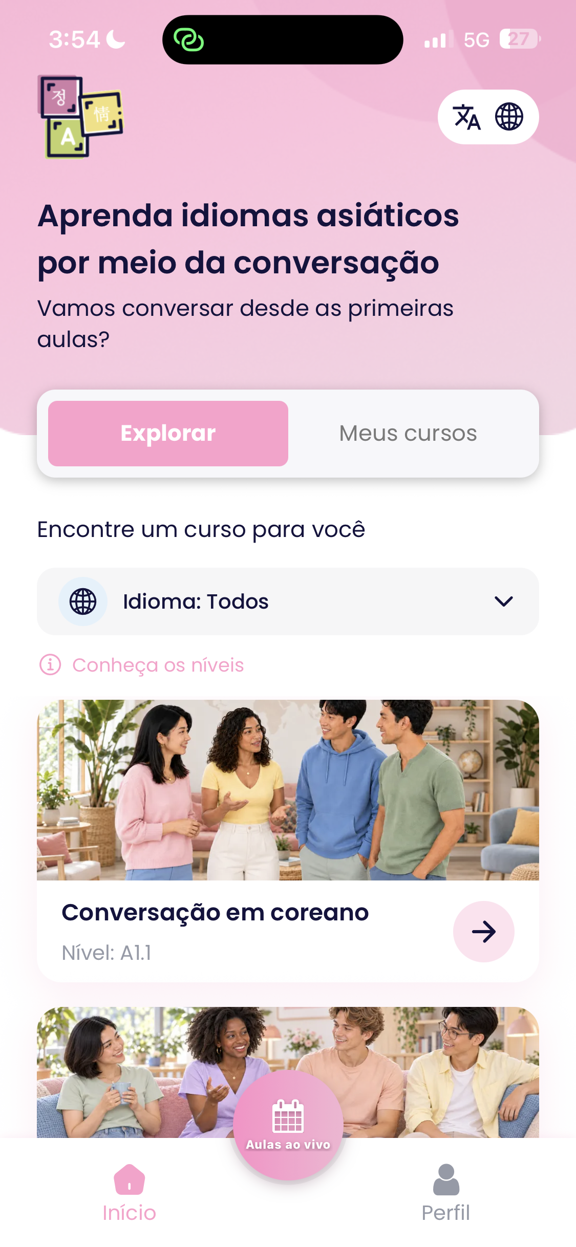 Tela inicial do aplicativo Easy Language em português