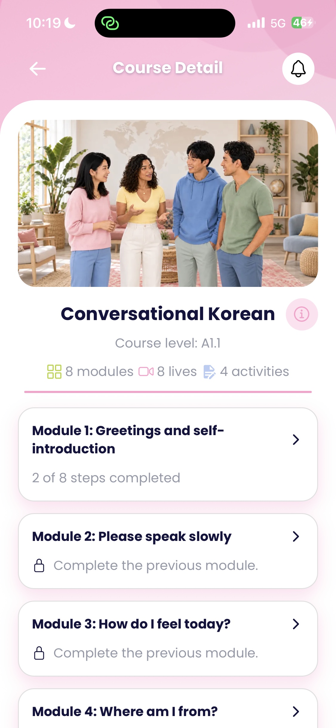 Course details screen in English