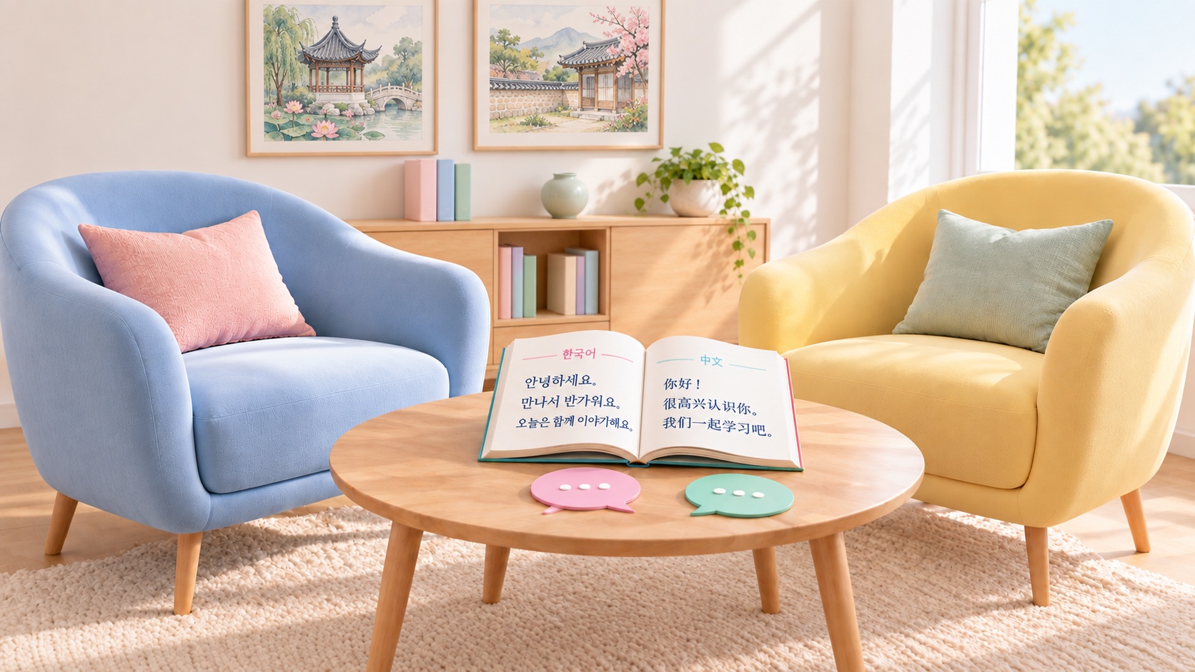 A calm, softly lit room with language books, ready for a conversation