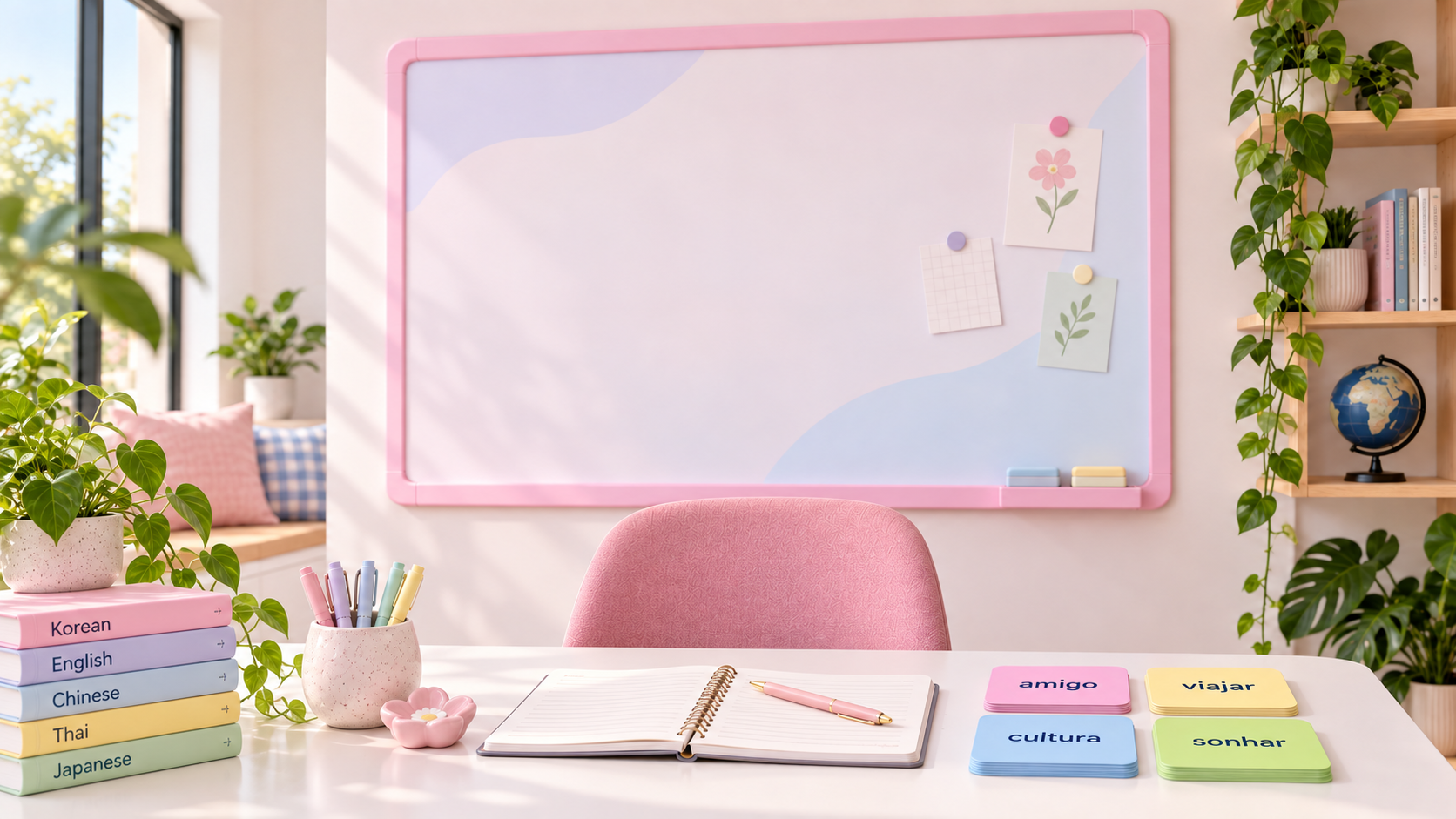 Espaço acolhedor para aulas de idiomas, com quadro, livros e materiais de estudo